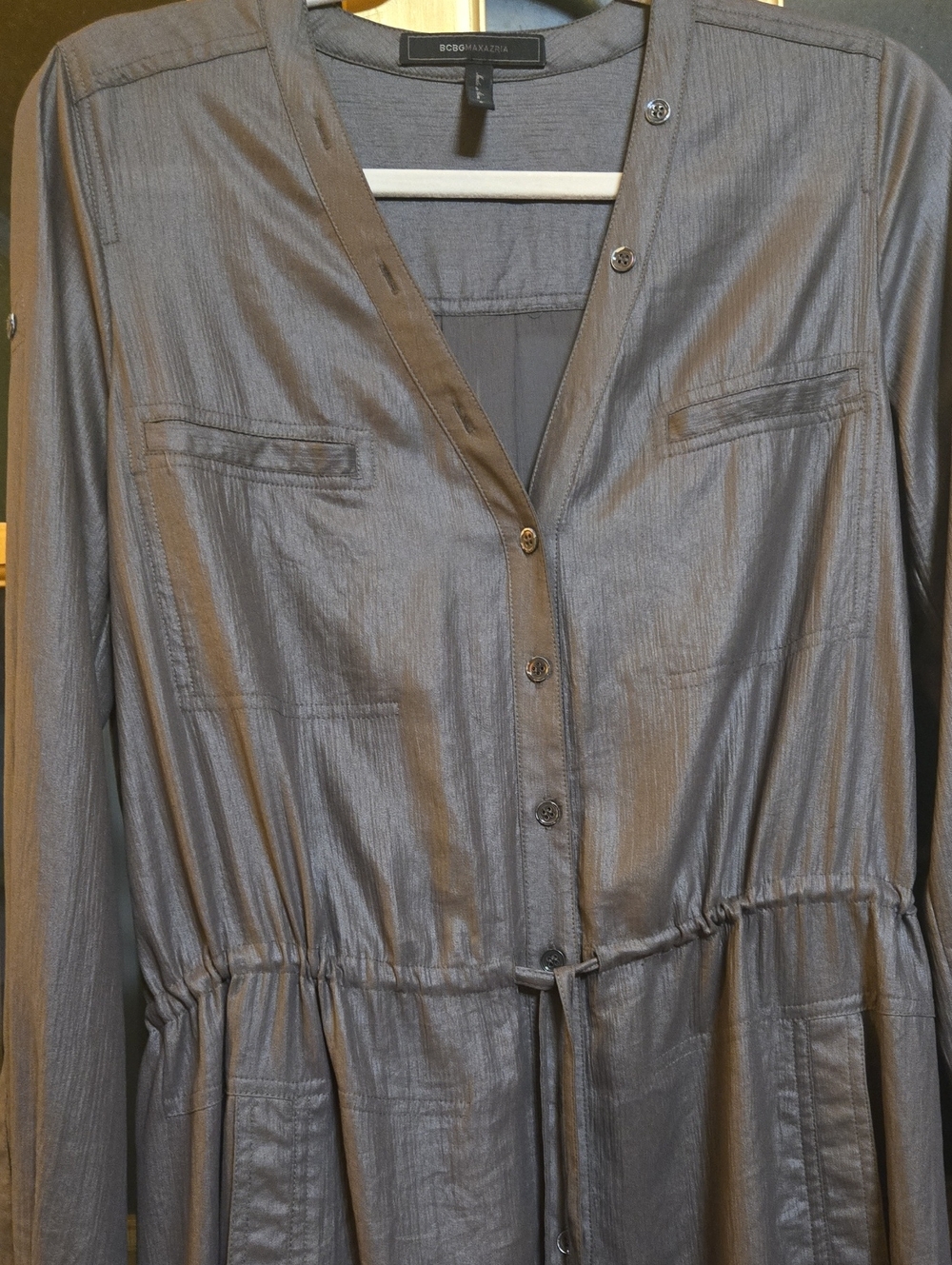 BCBGMaxAzria Sage Gray Long-Sleeve Button Front Drawstring Dress